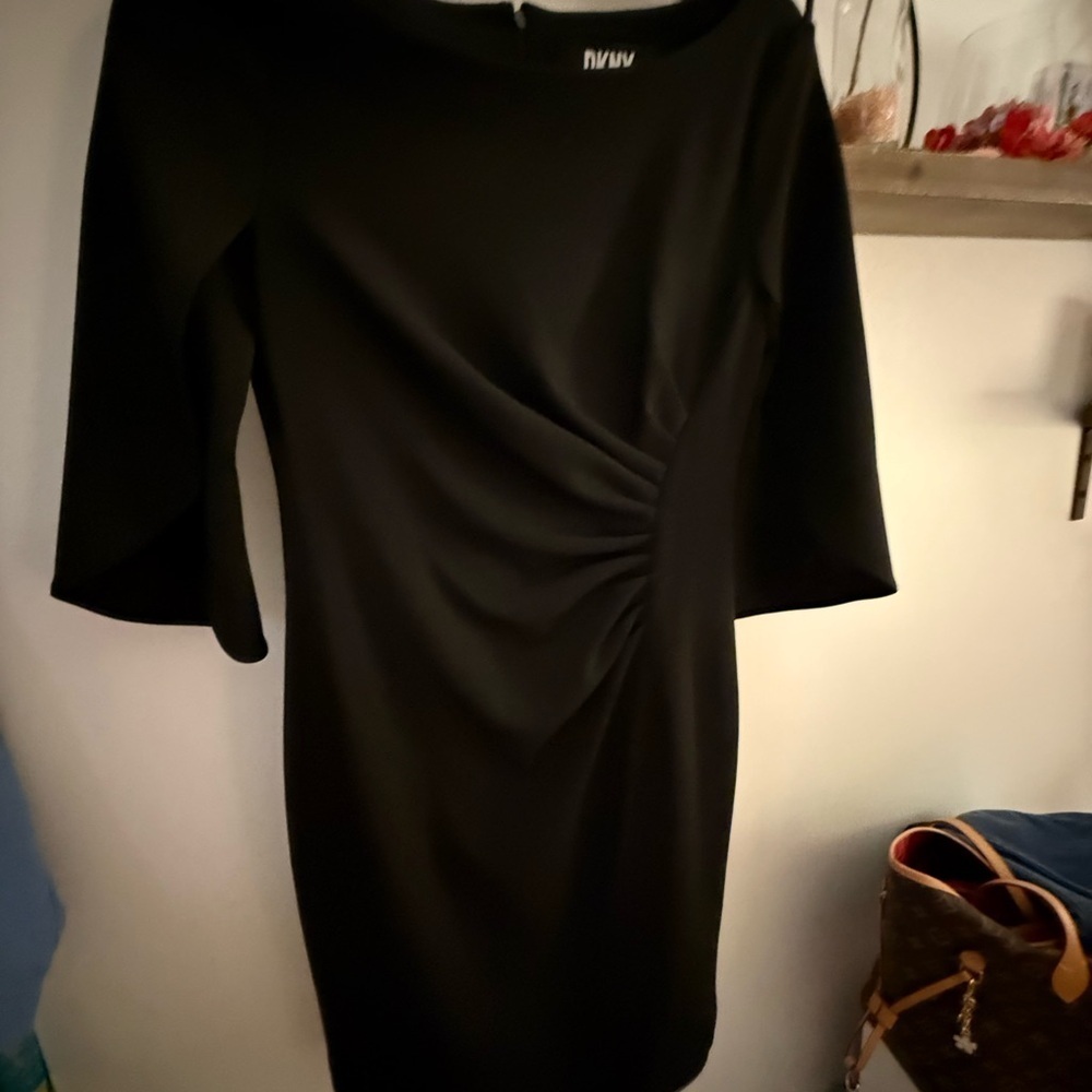 DKNY Black Ruched Sheath Dress Bateau Neckline